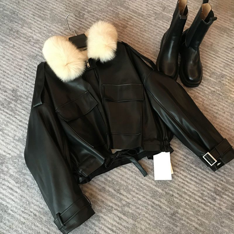 Vêtements pour femmes Automne et hiver plus velours veste en cuir épaissie fourrure courte détachable col en fourrure de lapin veste vêtements en coton chaud pour femmes_voghion.com