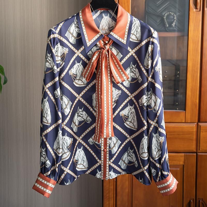 Damenbekleidung Schweres Revers Pferdedruckband Twill Seidenhemd für Damen_voghion.com