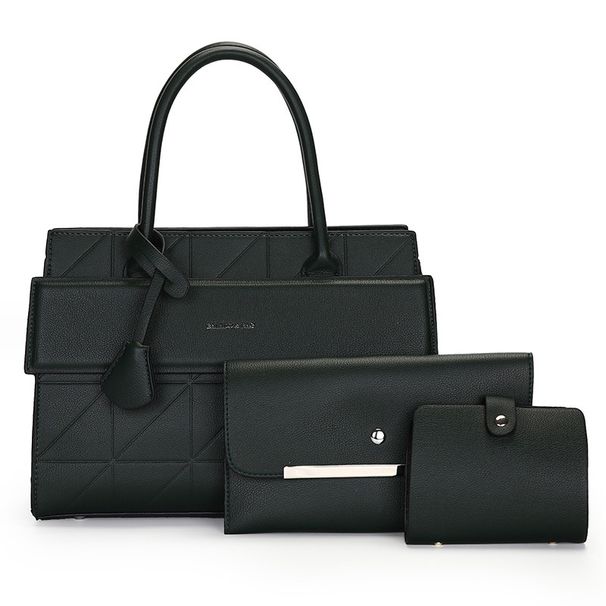 Elegante, stedelijke set van 3 handtassen van PU-leer - crossbody-, schouder- en totetassen met textuurafwerking voor dames (zwart/zilver/karamel/donkergroen)_voghion.com