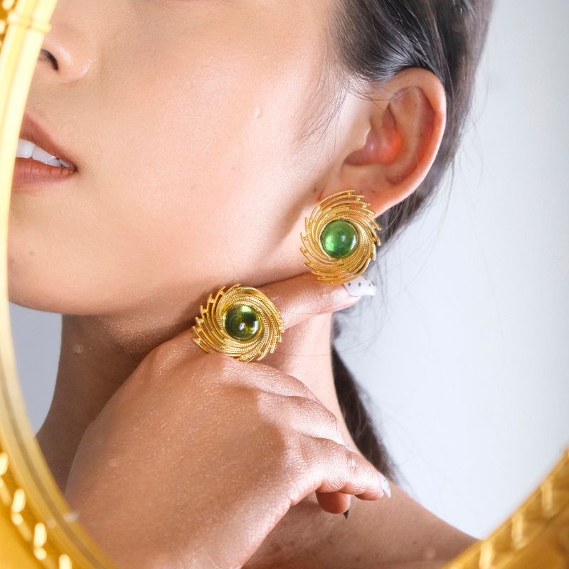 Gioielli all'ingrosso Elegante Classico Dolce Vortice Modello 304 Acciaio inossidabile Gemma Placcato oro 14K Placcatura Intarsio Anelli Orecchini_voghion.com