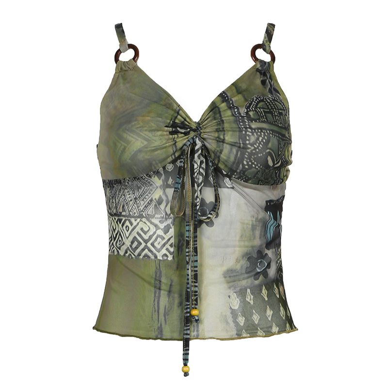 Gilet in rete con lacci e plissettatura stampata con design sense, cuciture ad anello circolari, top con bretelle piccole e aderenti._voghion.com