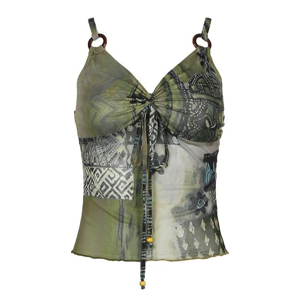 Gilet in rete con lacci e plissettatura stampata con design sense, cuciture ad anello circolari, top con bretelle piccole e aderenti._voghion.com