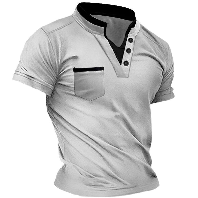 Unbeatable Quality Men's Short Sleeved Henry Shirt Top With Pockets, Button Up Collar, Fashionable Color Matching Collar_voghion.com