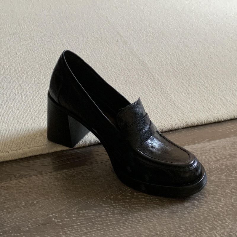 Mocassini alti 8 cm in pelle di agnello super morbida per donna, autunno 2025, nuovi, neri, con tacco grosso, stile britannico_voghion.com