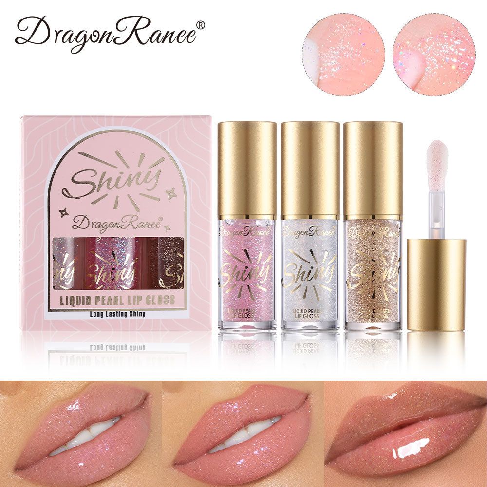 3-Piece Set Of Large-Brush Mirror Finish Lip Gloss - Shimmery Lip Oil & Lip Glaze With Pearlescent Sheen, Hydrating Formula, Fine Glitter Particles_voghion.com