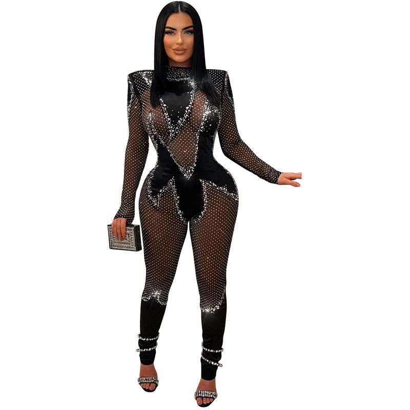 Damenbekleidung Mode Einfarbig Mesh Hot Diamond Langarm Hosen Jumpsuit_voghion.com