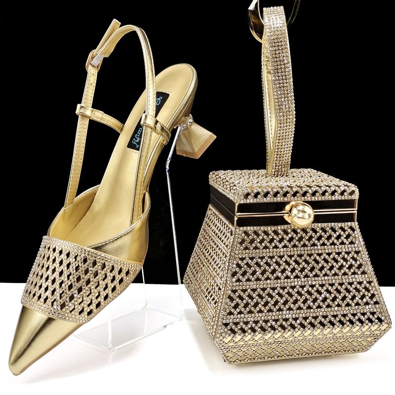 Women's Shoes naisten kenkä- ja laukkusarja yksinkertainen teräväkärkinen korkokengät pyramidin muotoinen käsilaukku, joka sopii juhliin ja arkeen_voghion.com