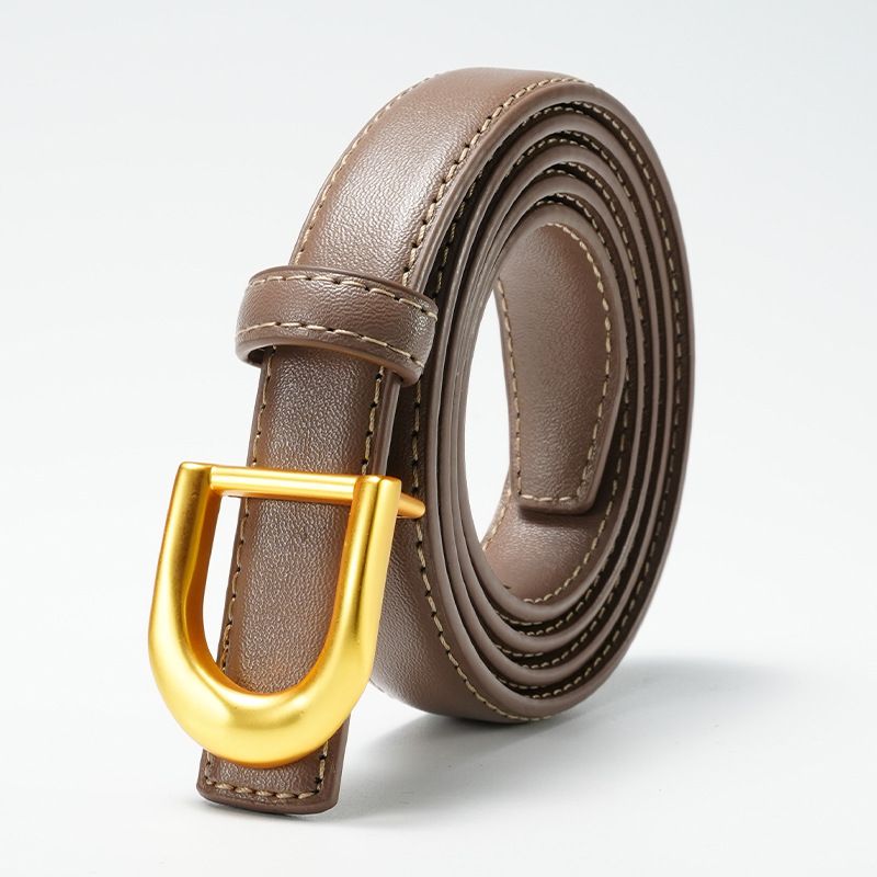 Eleganter und vielseitiger Ledergürtel mit glatter Schnalle für Kleider und Hosen, leichtes Luxus-Modeaccessoire in Schwarz, Braun und Elefantengrau mit goldener Schnalle_voghion.com