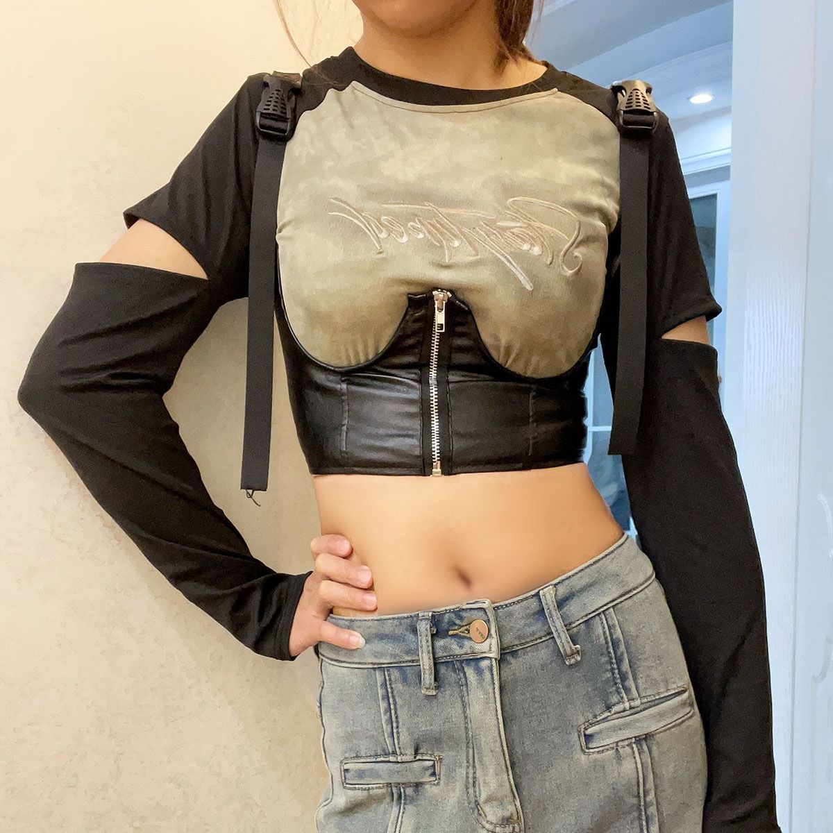 Corsetto bustier corto con rinforzo, lunghezza estesa, taglia grande, gilet con cerniera sul petto, cintura per la vita, sexy, fresco e caldo_voghion.com