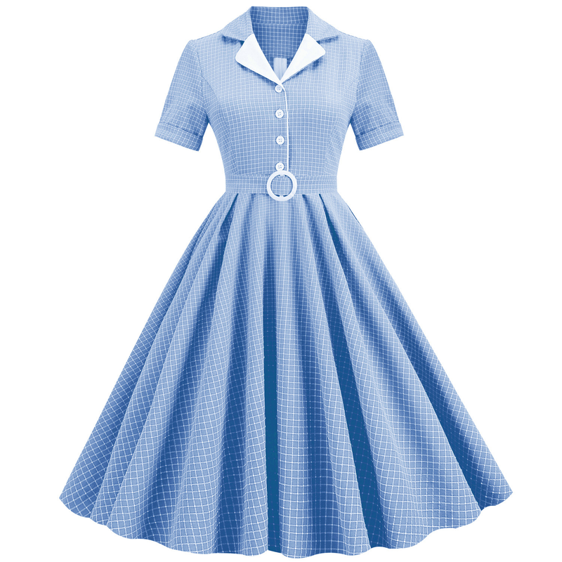 Hepburni mood tuleb tänavale kontrastset värvi ülikonnakraega elastse õhukese pitsiga keskmise pikkusega retrokleit naistele_voghion.com
