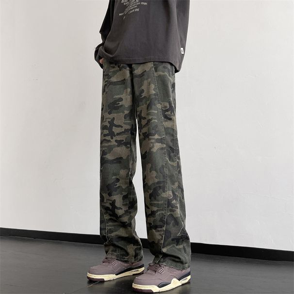 Spring High Street Micro-pull Pants American Camouflage Jeans Men's Straight High-end Sense_voghion.com