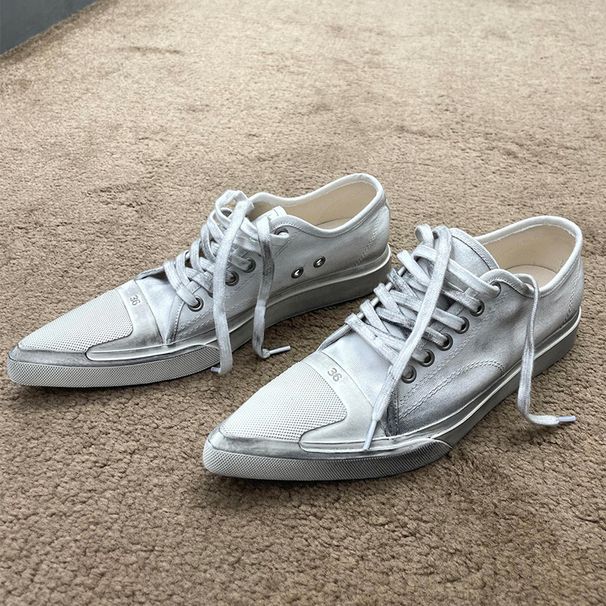 New Spring Retro Dirty White Pointed Toe Lace Up Sports Casual Board Shoes_voghion.com