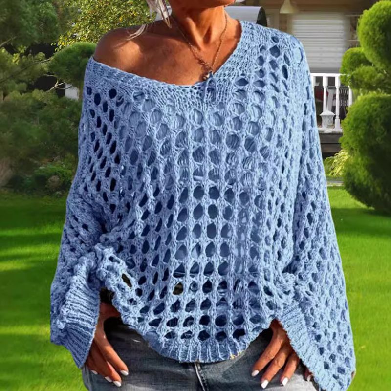 Damenbekleidung, modischer Urlaubsstil, locker, lässig, schulterfrei, einfarbig, hohl, gestrickt, langärmelig, Oberteile für Damen_voghion.com