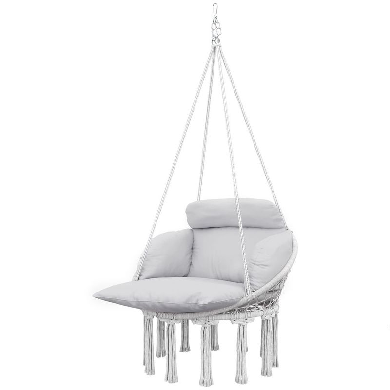 Hammock Swing Chair, Macrame Hanging Chair With Large Cushion, Chain, Steel Frame For Indoor Outdoor Use, Gray_voghion.com