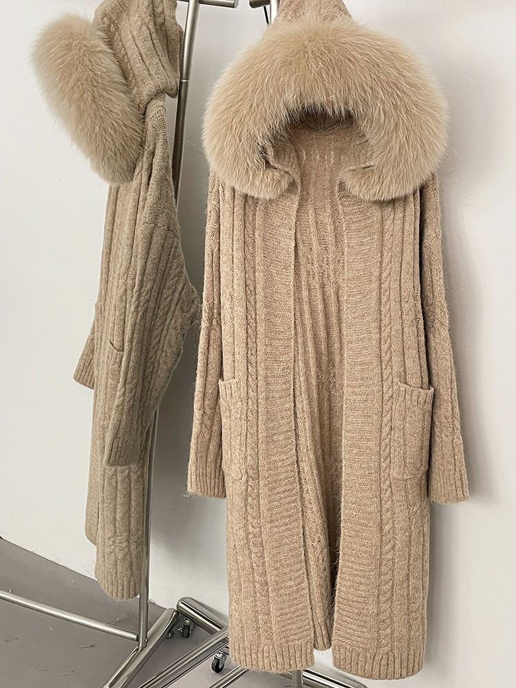 "Oversized Knit Cardigan With Real Fox Fur Trim – Longline Hooded Open-Front Coat (White/Grey/Khaki/Black, One Size Fits Most Winter Wear)"_voghion.com