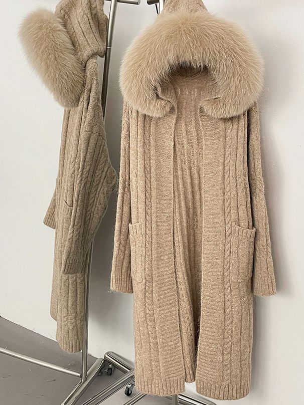 "Oversized Knit Cardigan With Real Fox Fur Trim – Longline Hooded Open-Front Coat (White/Grey/Khaki/Black, One Size Fits Most Winter Wear)"_voghion.com
