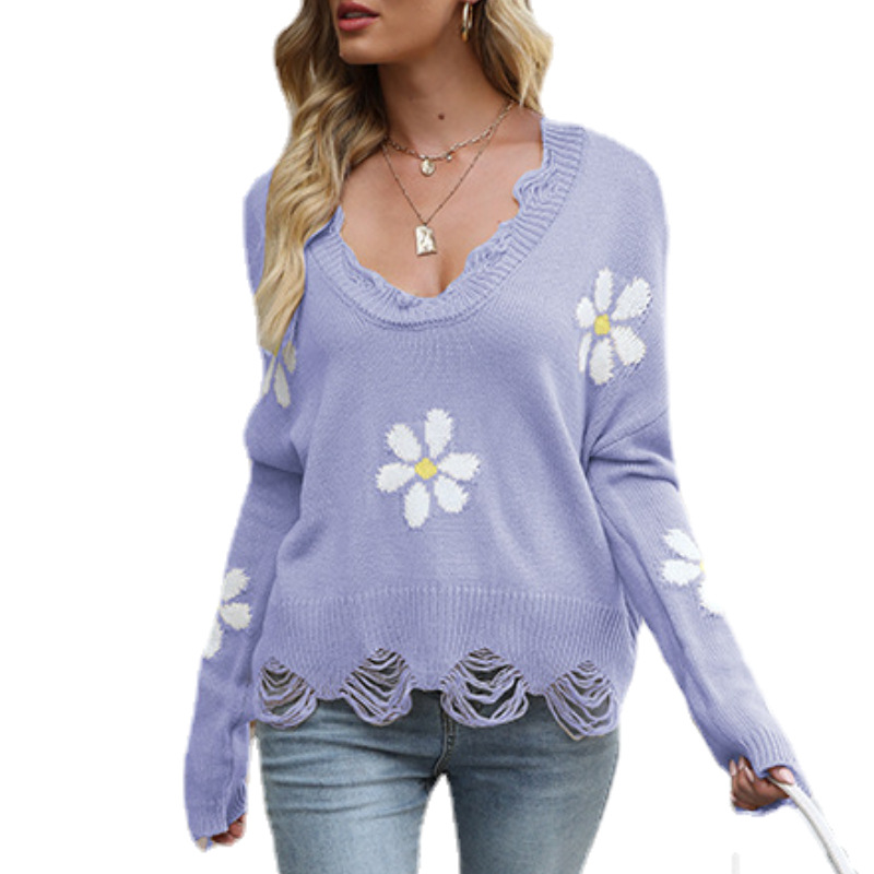 Pull ample à col en V pour femme, nouveau style automne et hiver, tendance, doux, motif floral, déchiré_voghion.com