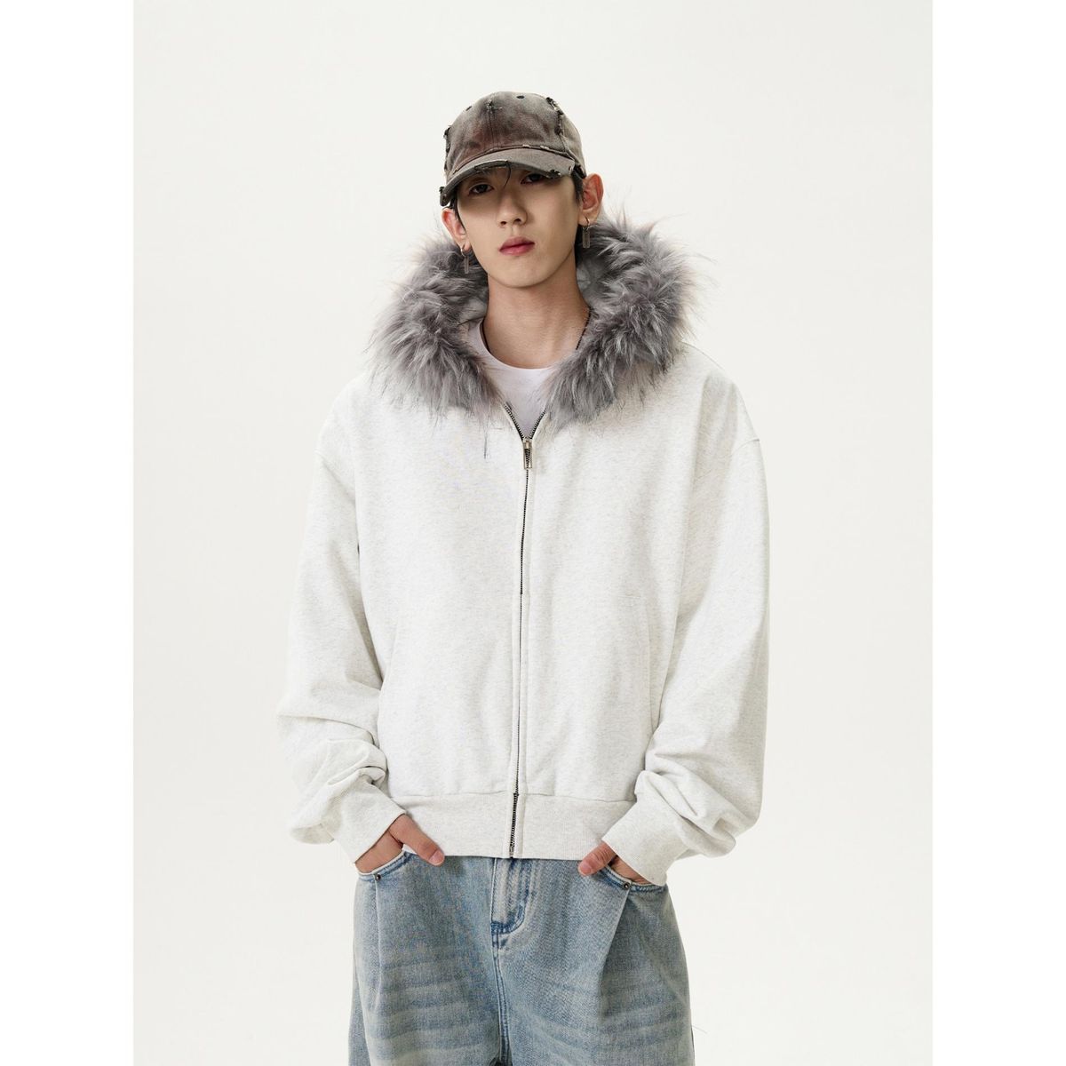 Felpa con cappuccio e cerniera in stile retrò americano da uomo, con collo in pelliccia, da uomo e da donna, corta, in tinta unita, Cleanfit_voghion.com