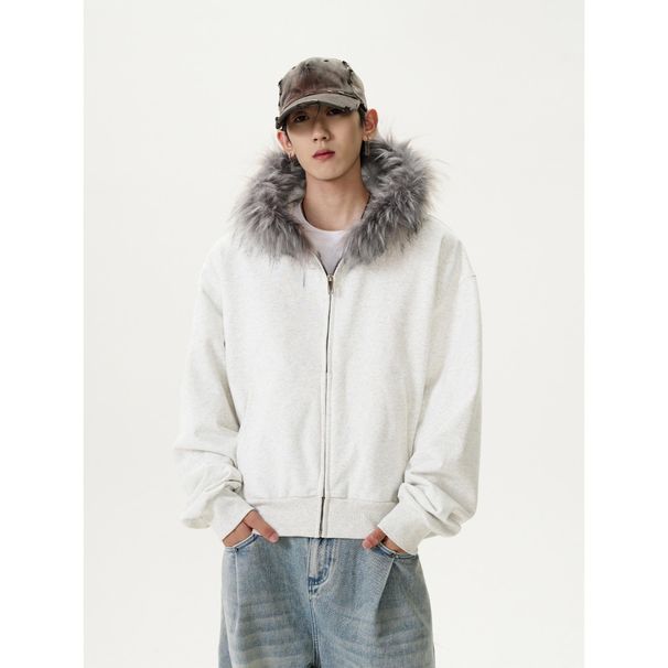 Felpa con cappuccio e cerniera in stile retrò americano da uomo, con collo in pelliccia, da uomo e da donna, corta, in tinta unita, Cleanfit_voghion.com