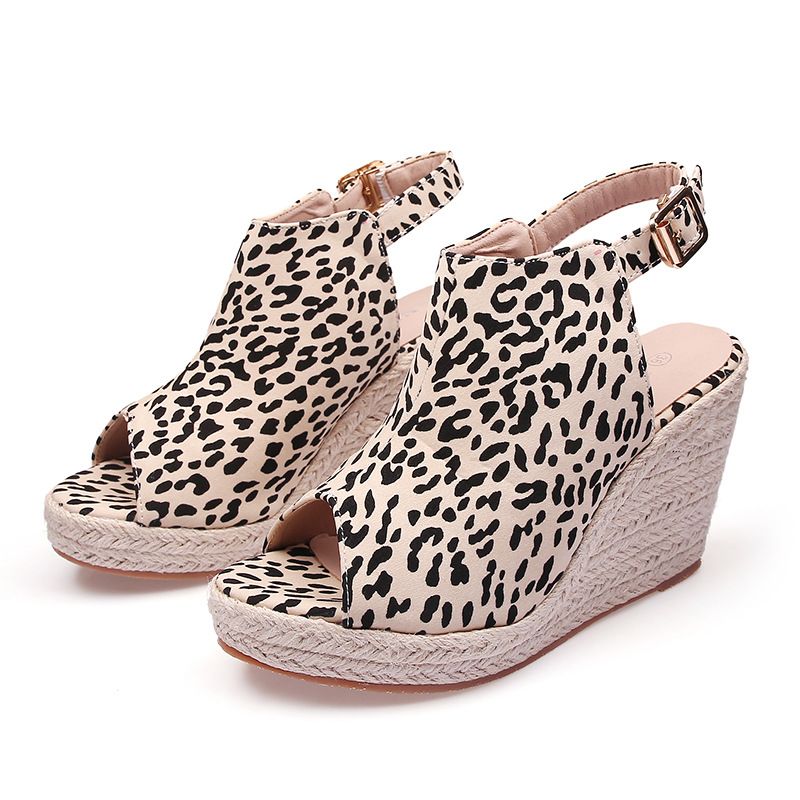 Women's Shoes New Wedge Heel Thick Bottom Fish Mouth High Heel Sandals Open Toe Women's Leopard Print Straw Rope Bottom Large Size Shoes_voghion.com