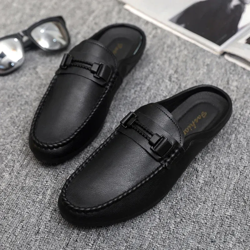 Leather Men Half Slippers Summer Breathable Mens Casual Shoes Slip-on Lazy Driving Shoes Comfortable Walking Loafers Moccasins_voghion.com
