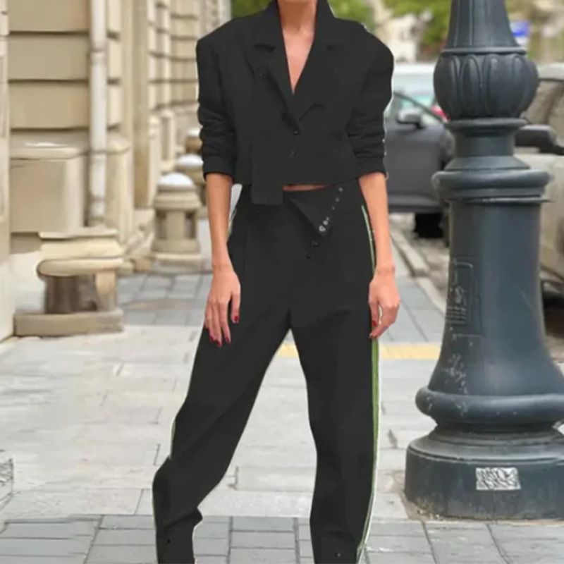 Abito da donna con pantaloni temperamento, tinta unita, alla moda, con risvolto corto_voghion.com