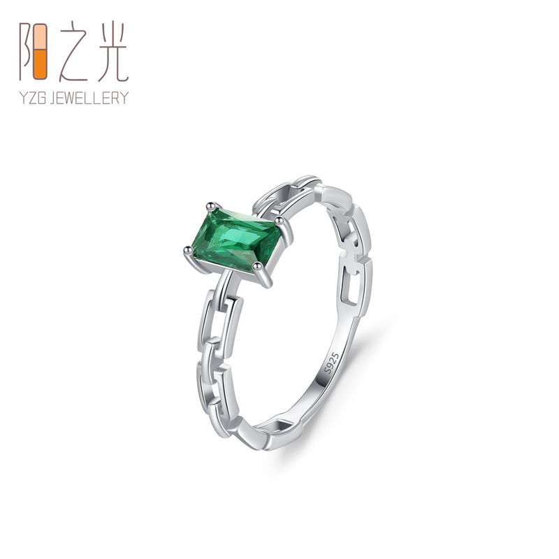 S Pure Silver Cuban Chain Rectangular Emerald Zircon Women's Fashion Simple New Chinese Style Colorful Gemstone Ring_voghion.com