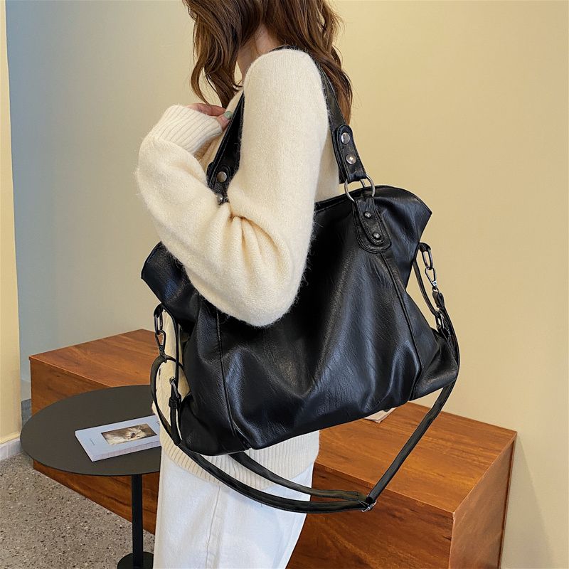 Big Black Shoulder Bags For Women Large Hobo Shopper Bag Solid Color Quality Soft Leather Crossbody Handbag Lady Travel Tote Bag_voghion.com