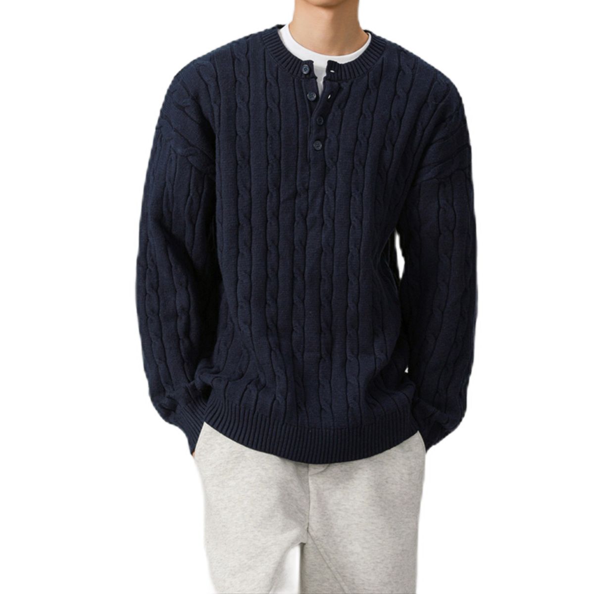 Oversize-Henley-Strickpullover für Herren – Strukturierter Zopfmusterpullover für Business Casual & Streetwear (EU-Größen S-2XL) | Atmungsaktives Polyester in Grau/Marineblau_voghion.com