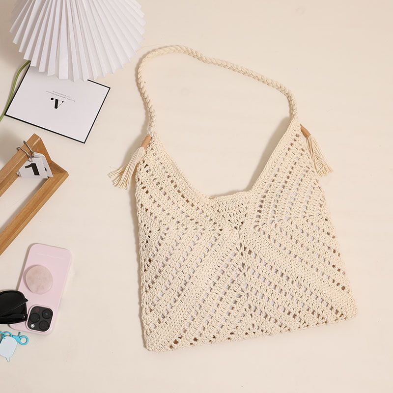 Borsa di paglia intrecciata, borsa a tracolla grande con nappa, borsa in cotone intrecciato, borsa triangolare cava in erba intrecciata, borsa da spiaggia per le vacanze_voghion.com