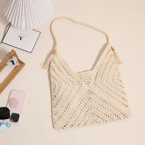 Borsa di paglia intrecciata, borsa a tracolla grande con nappa, borsa in cotone intrecciato, borsa triangolare cava in erba intrecciata, borsa da spiaggia per le vacanze_voghion.com