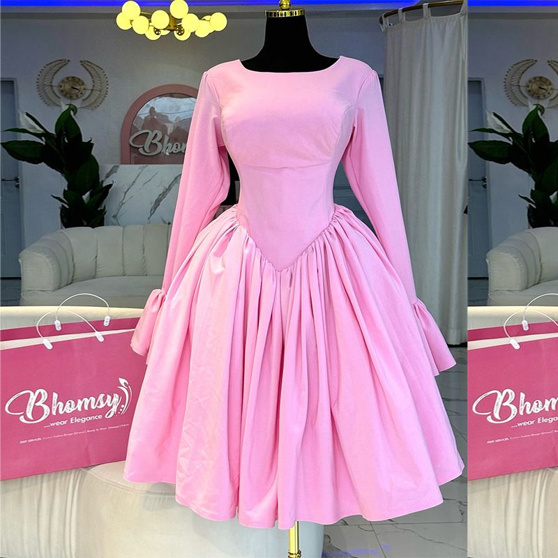 Dammekleeder Hierscht neie Stil elegant Ronn Ausschnëtt Laangärm Gebonnen Seel Héich Taille A-Linn Kleed_voghion.com