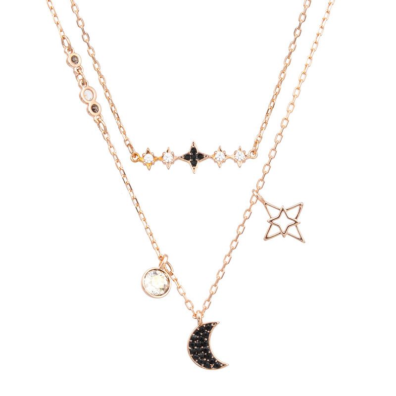 High Quality Double Layer Star And Moon Necklace Female Element Crystal Star Moon Clavicle Chain_voghion.com