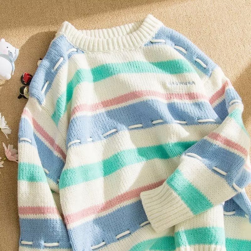 Kleiner frischer Streifenpullover für Damen im Herbst-Winter, lockerer und lässiger Stil, Strickpullover für Paare, Winteroberteil_voghion.com