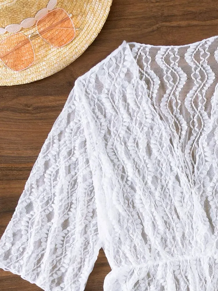 Maillot de bain une pièce à manches longues en maille avec ceinture et imprimé taille haute et cordon de serrage pour femme_voghion.com