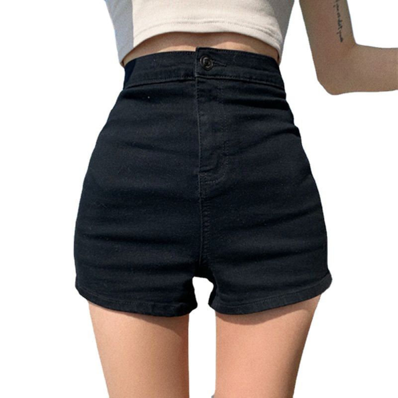 Black denim shorts for women's summer 2024 new spicy girl style, wearing high waisted elastic tight bottomed hot pants_voghion.com