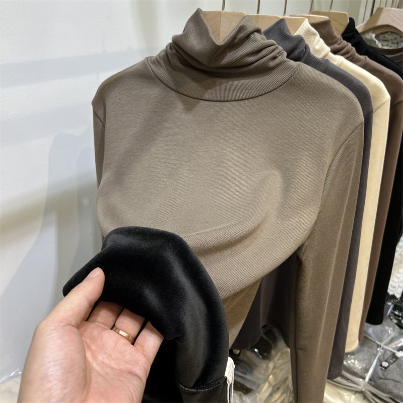 Roupas femininas gola alta mais veludo engrossado uma peça camiseta de veludo para mulheres outono e inverno nova roupa interior quente camisa de baixo top_voghion.com