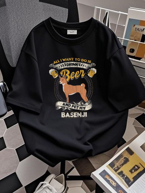 Alles, was ich will, ist Bier trinken und meinen Basenji streicheln – Lustiges T-Shirt für jeden Tag – Designer-Kleidung, stylisch, dehnbar, Grafik, weich_voghion.com