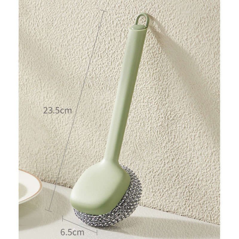 Brosse de cuisine avec manche, boule en fil d'acier pour le nettoyage des taches, pour la vaisselle, pour le lavage des casseroles, longue et non grasse_voghion.com