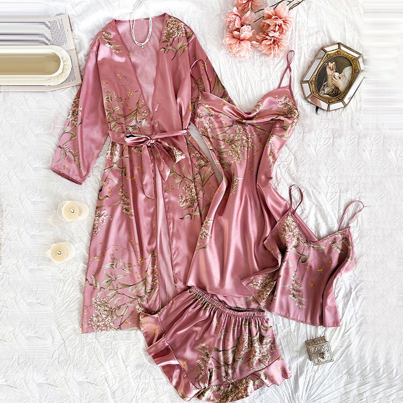 Sexy V-Ausschnitt Slipkleid aus Eisseide, Loungewear, mehrteiliges Pyjama-Set für Frühling/Sommer in großen Größen_voghion.com