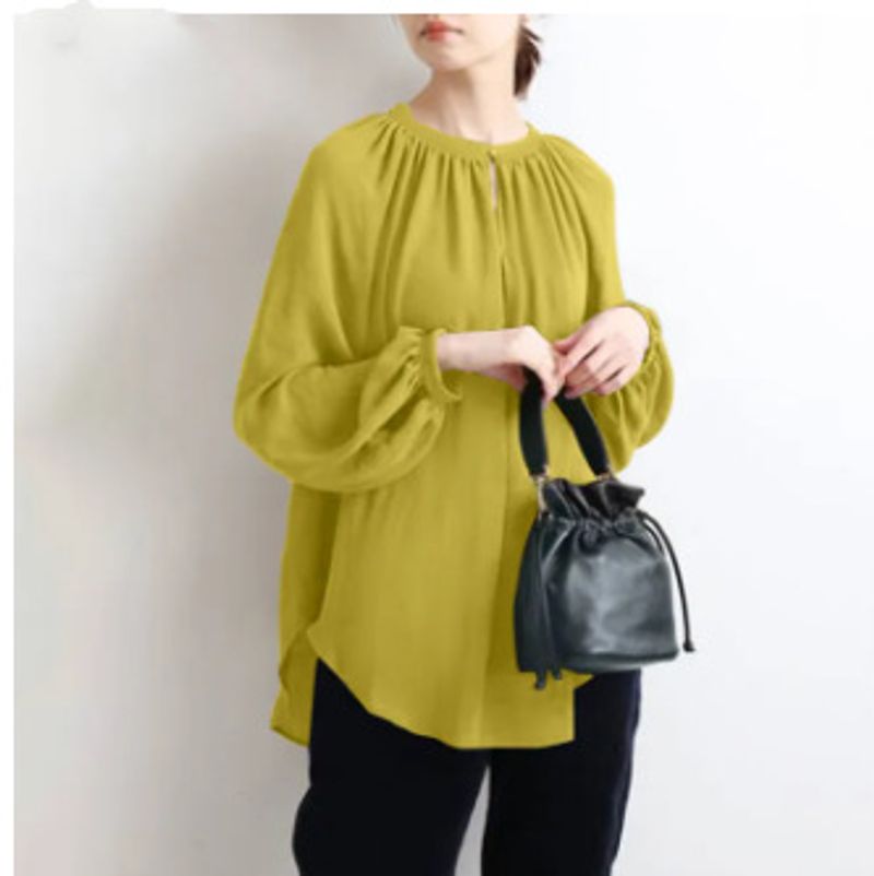 Women's Muslim new art collar shirt, women's temperament commuting loose solid color long-sleeved versatile top_voghion.com