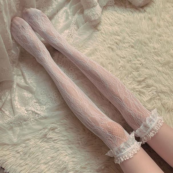 Lolita Lange Tube Weiße Spitze Overknee Fischnetz Mitte der Wade Dünne Mädchen JK Socken_voghion.com