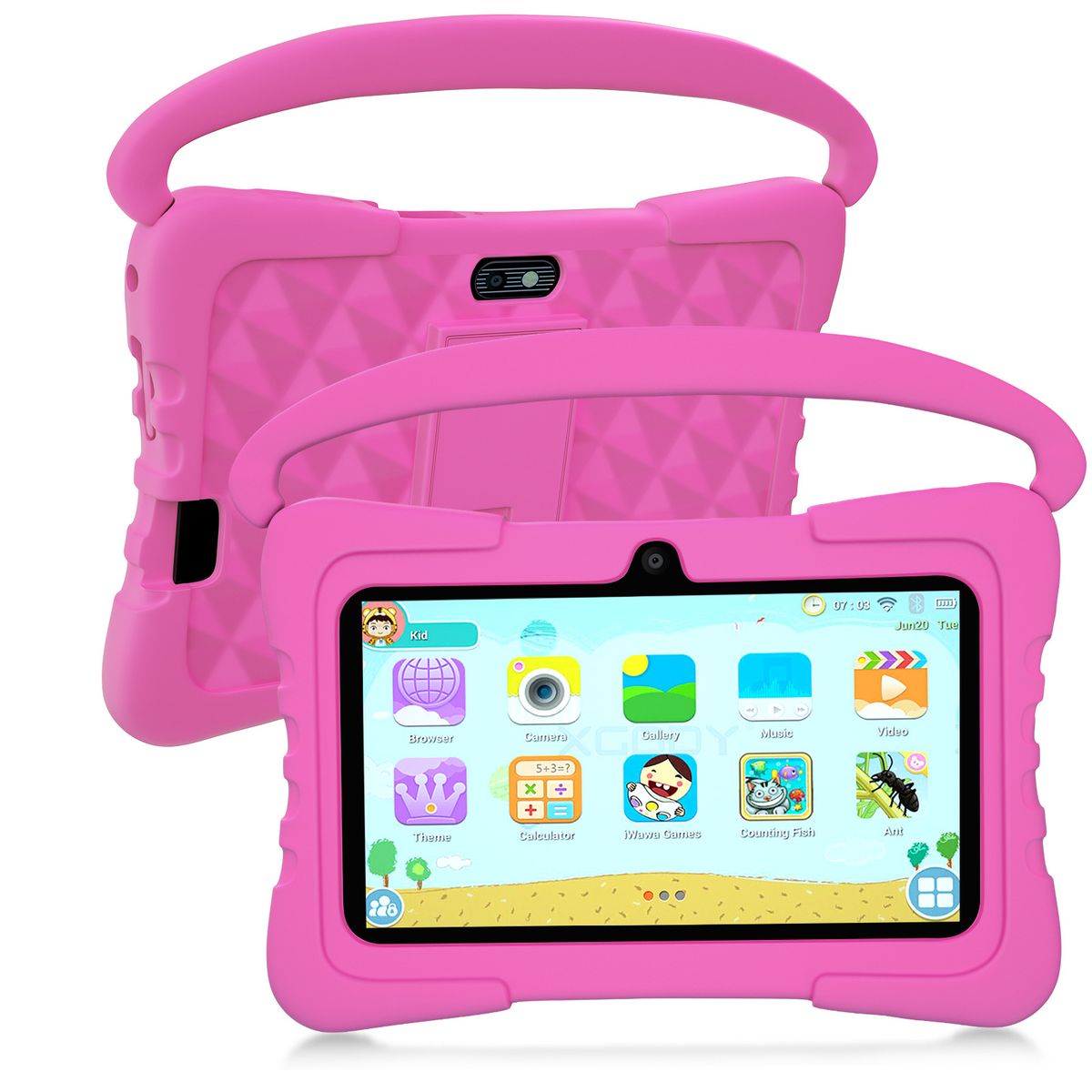 "Tablet infantil de 7 polegadas com 1 GB de RAM, 16 GB de armazenamento, Wi-Fi, Android, processador quad-core MTK, câmera dupla, Bluetooth, tela IPS, capa resistente a impactos em ABS, caneta stylus e brinquedo de brinde (azul/rosa)"_voghion.com