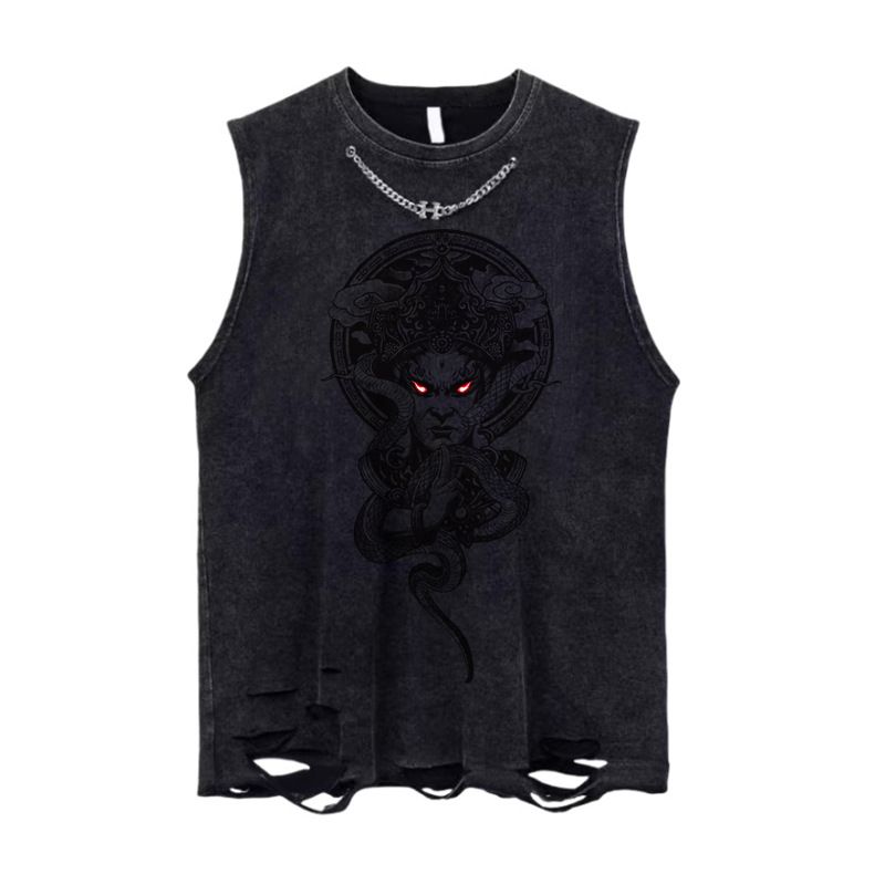 Personalized Top Printed, Washed, Embroidered, Ink Splattered, Loose T-shirt With Holes, Street Style, Sleeveless,_voghion.com