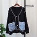 2024 Autumn Winter New Patchwork Denim Pocket Sweater Coat High-end European Style Loose Versatile Knitted Cardigan For_voghion.com