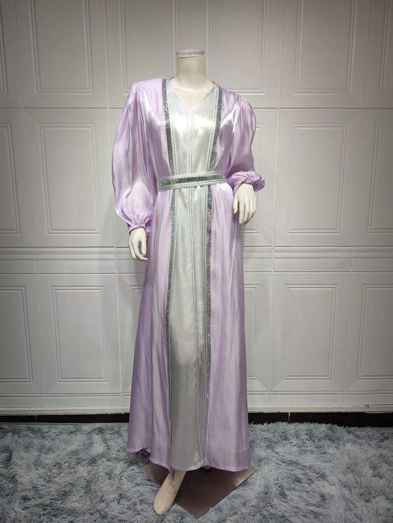 Damen Press Diamant Liicht Luxus Kleed Abaya Set Hell Seid Satin Dräideel Kleed_voghion.com