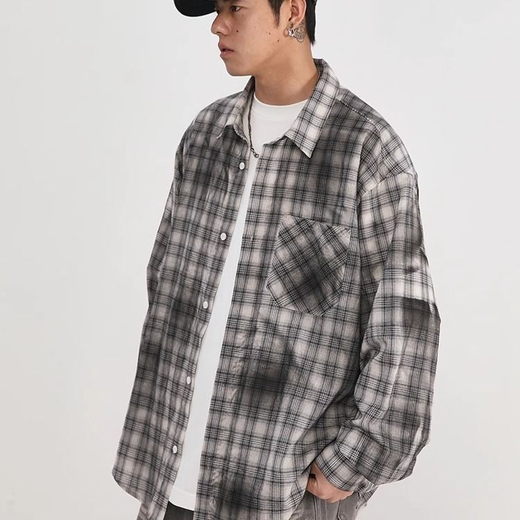 Camicia casual da uomo americana retrò a quadri autunno ins trendy coppia outfit versatile e fresco_voghion.com