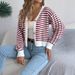 Women's Clothing Contrast Striped Lantern Striped Batwing Sleeve Cardigan Sweater - Short Length V-Neck Fall/Winter Knit Top (Khaki, Burgundy, Black)_voghion.com