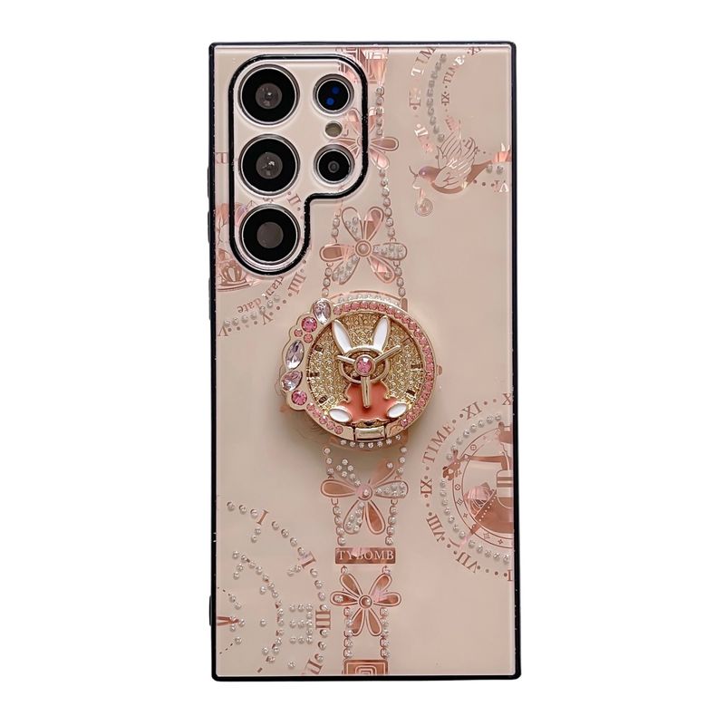 For Samsung S22 S23 Plus Ultra Cute rabbit Diamond Clock Buckle Stand Holder Phone Case Cover_voghion.com