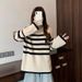 Design Sense Irregular Turtleneck Striped Long-sleeved Knitted Sweater Women's Medium And Long Top_voghion.com